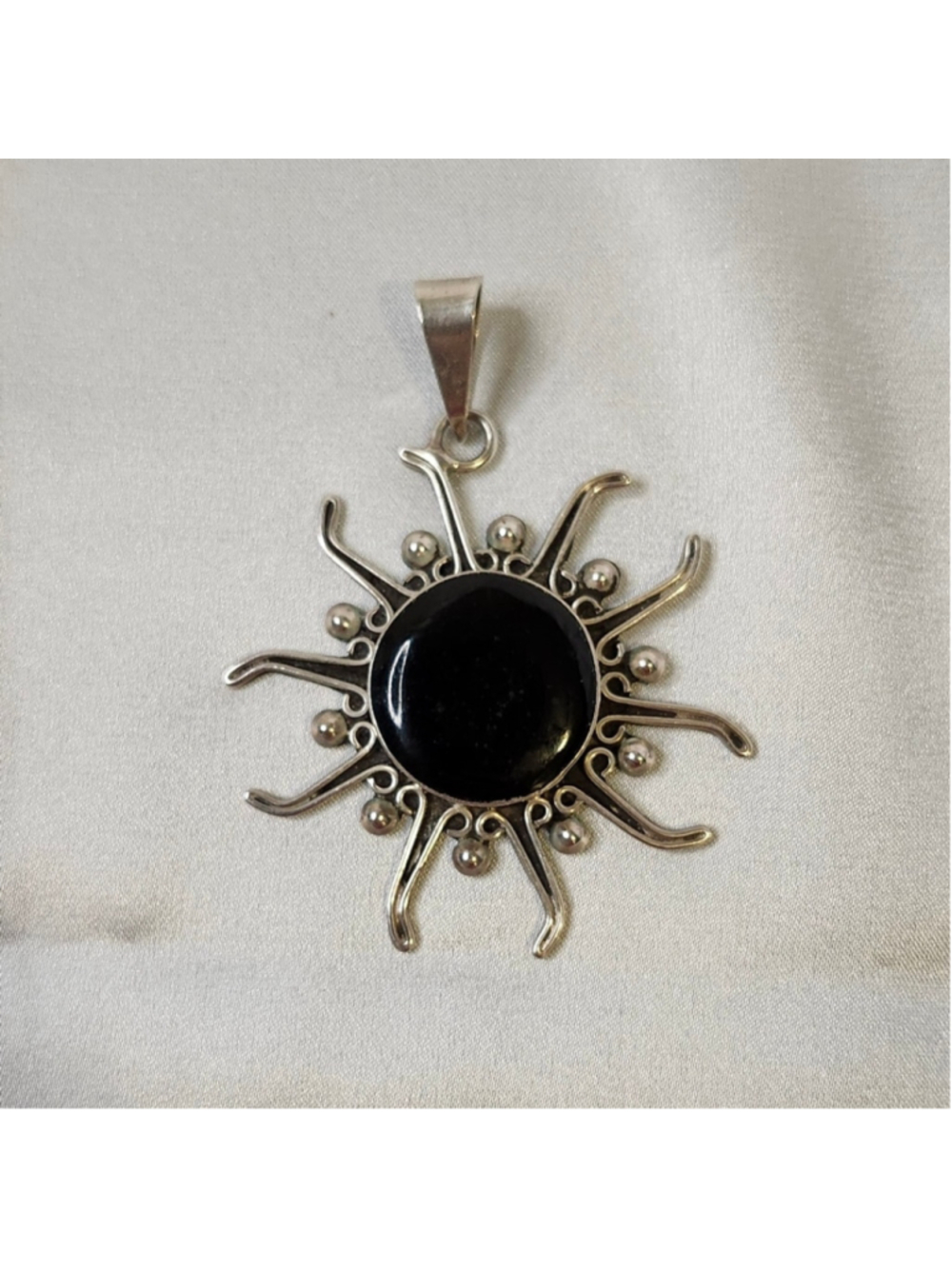 Vintage Mexican Sterling Silver 925 Black Onyx Sunburst Celestial Pendant